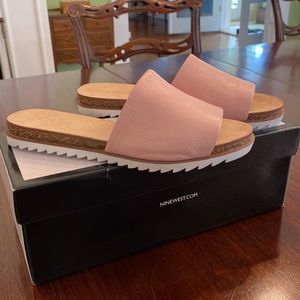 Pink Sandals Slides Nine West Leather Tan Brown Cork White Sole Flatform Size 6